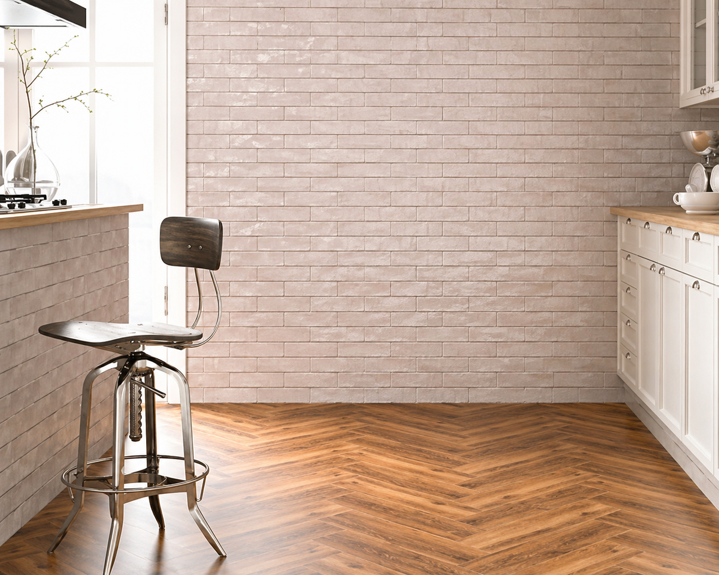 Bright kitchen with white cabinets, brick wall, wooden herringbone floor — Unique Floors In New Town, TAS
