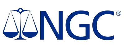 The logo for ngc is blue and has a scale of justice on it.