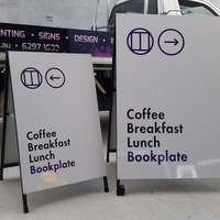 A sign that says coffee breakfast lunch bookplate on it