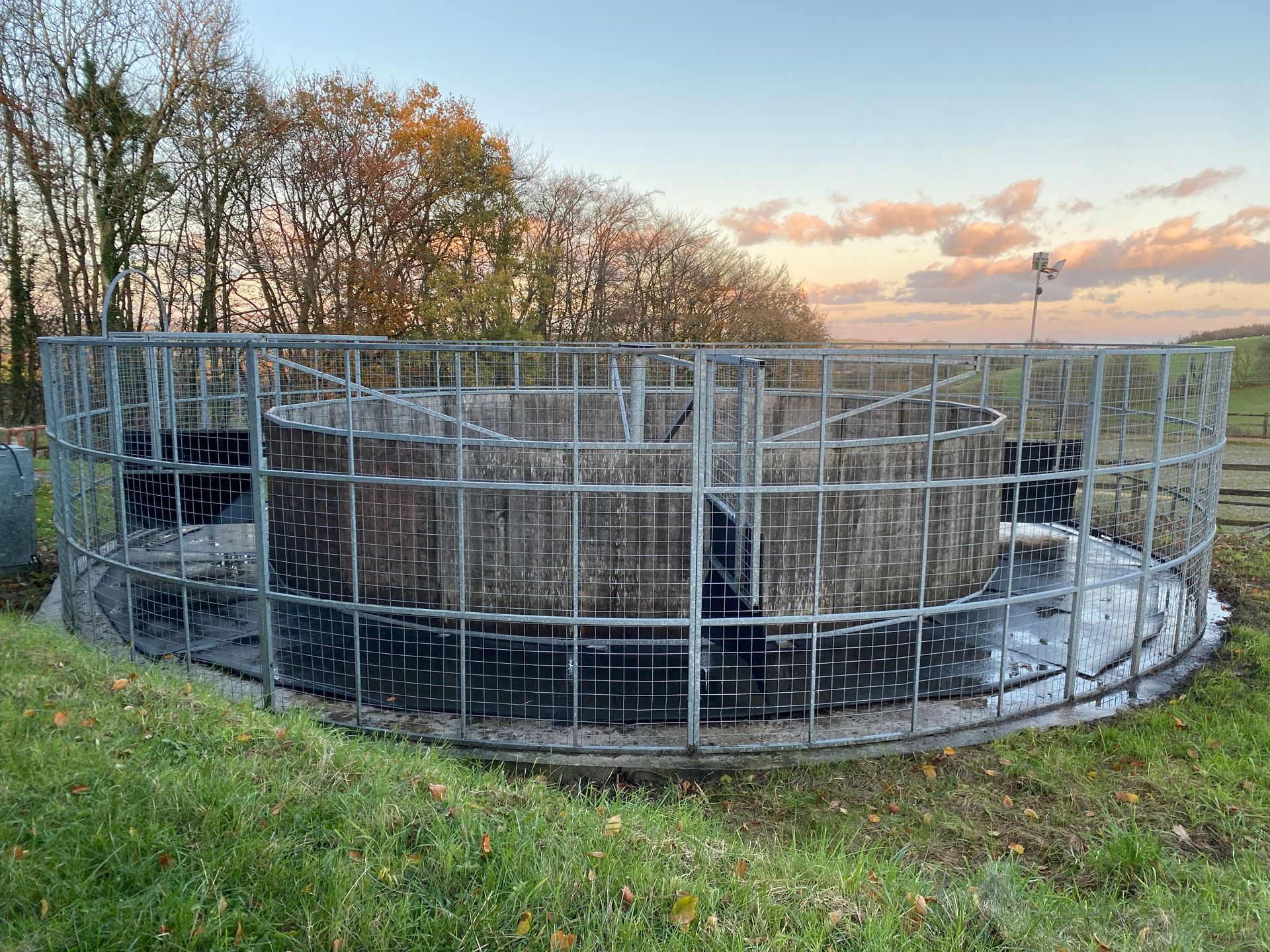Circular metal animal feeder in a grassy field, under an overcast sky.
