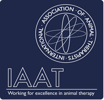 Logo for the International Association of Animal Therapists. Features text and a stylized globe. Navy blue background.