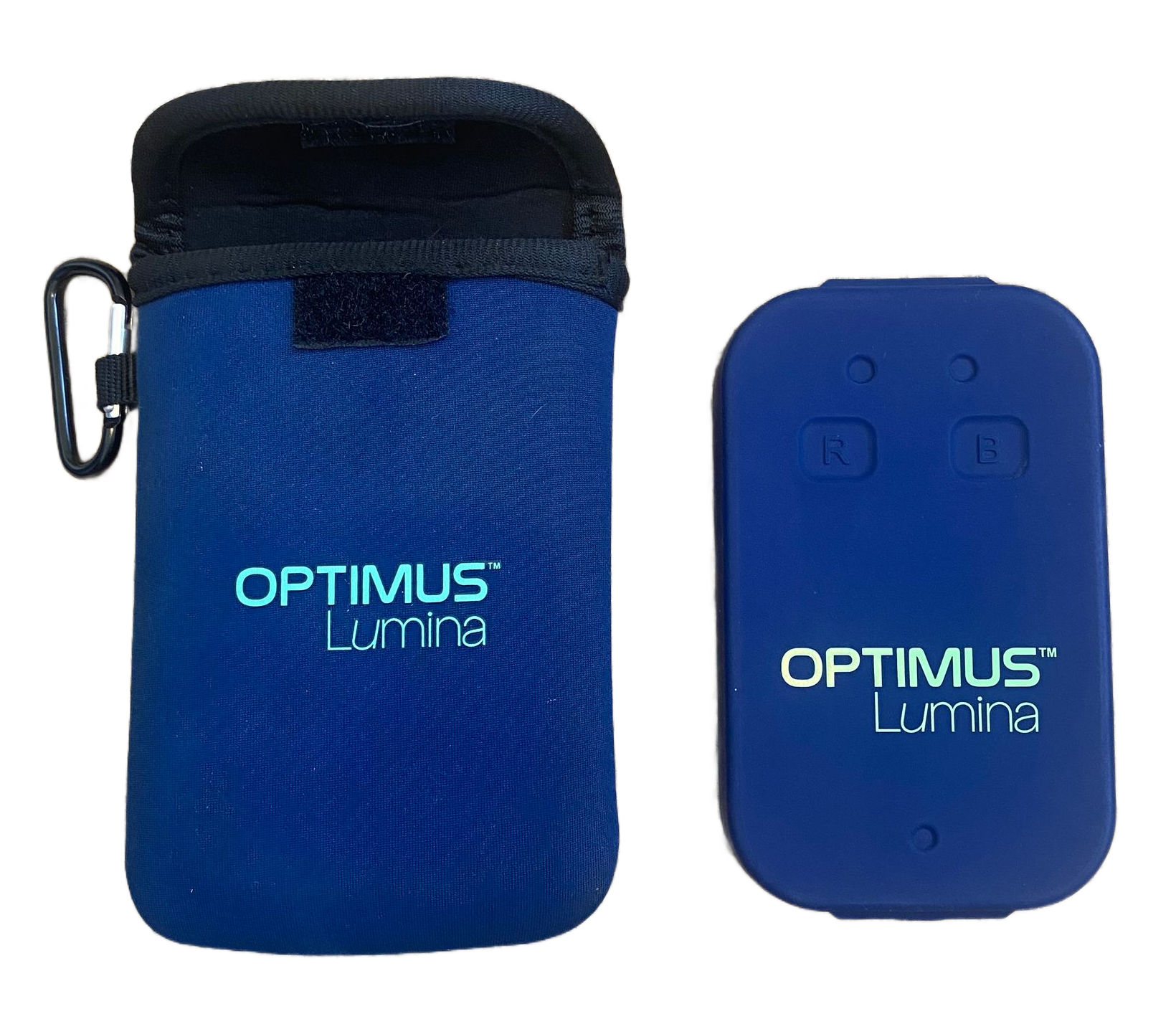 Blue Optimus Lumina device and matching carrying case with a carabiner.