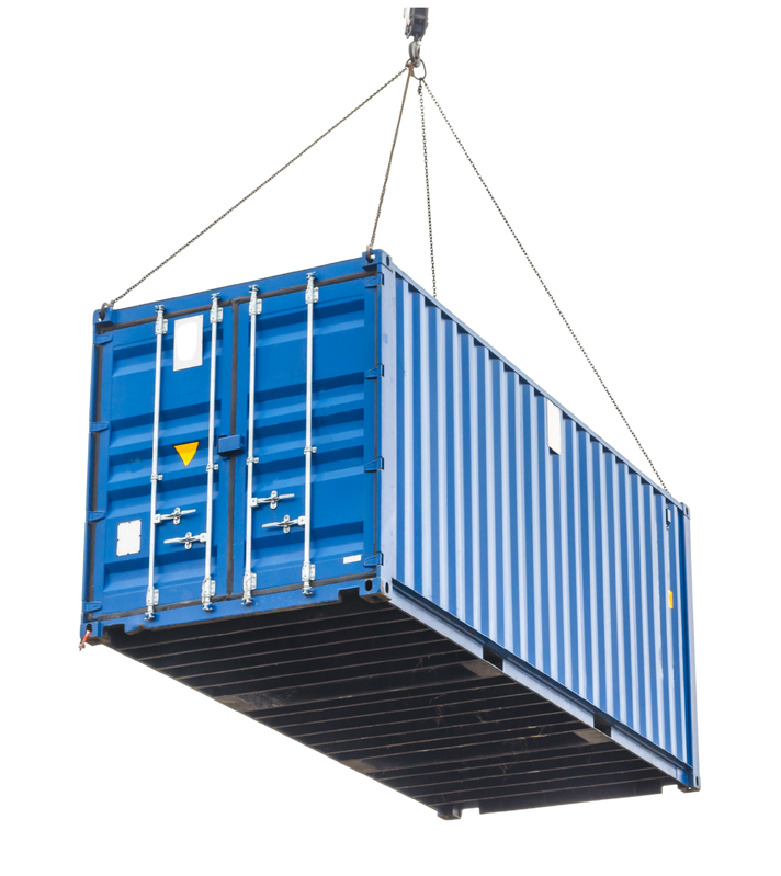 A blue shipping container is being lifted by a crane.