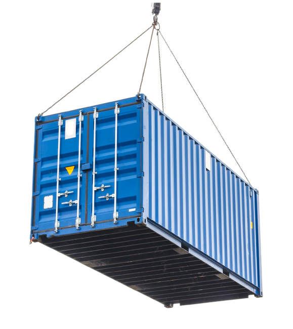 A blue shipping container is being lifted by a crane.