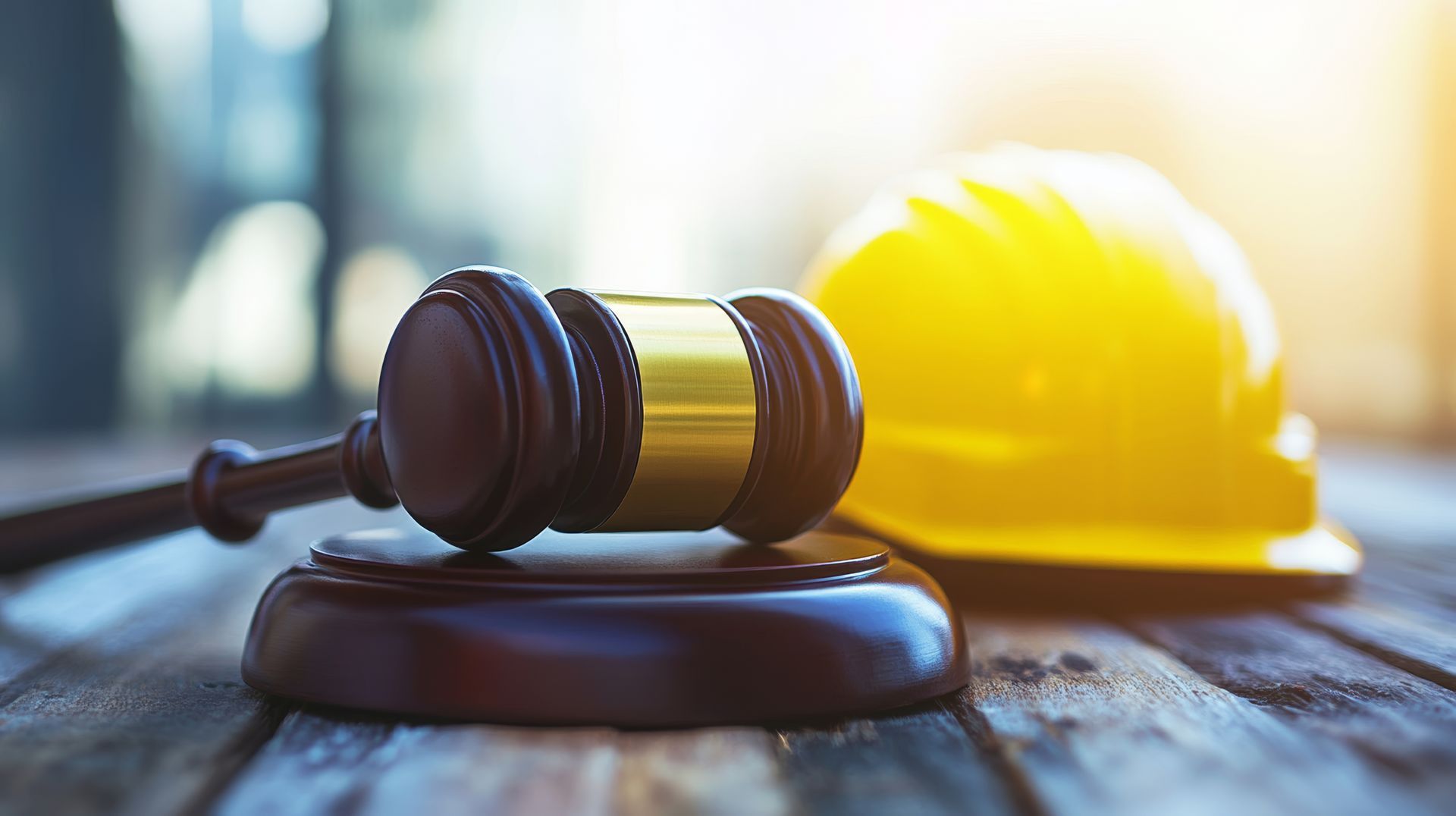 Gavel on sound block next to a yellow hard hat on a wooden surface.