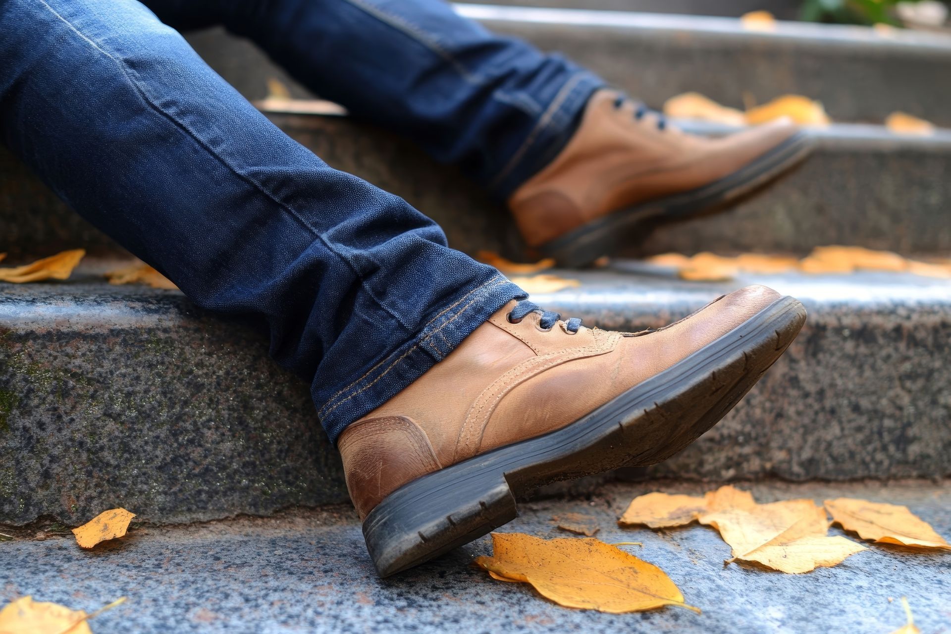 Person's legs in blue jeans and brown shoes resting on stone steps with fallen yellow leaves.