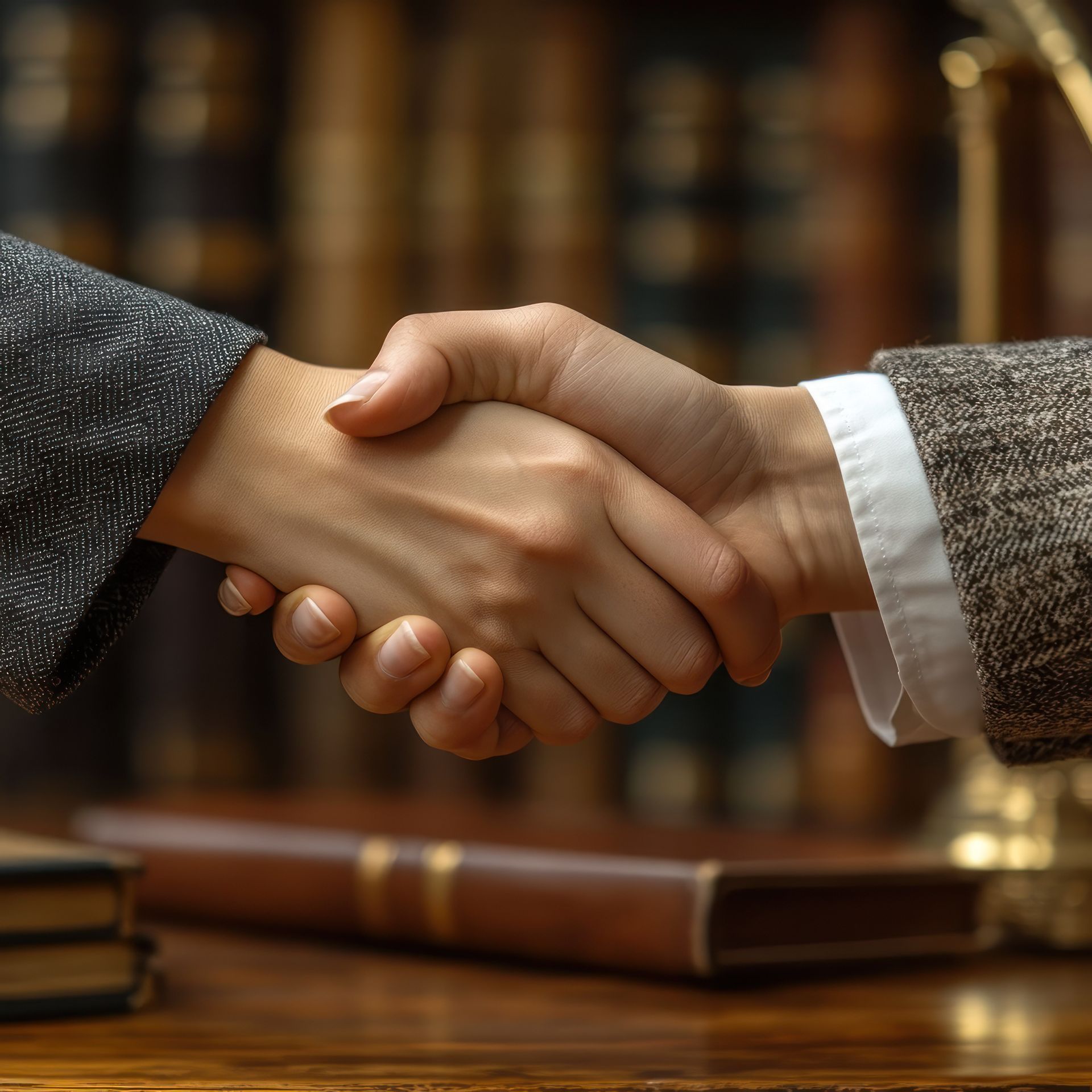 Two people shaking hands, likely sealing an agreement; a dark wood desk and books in the background.