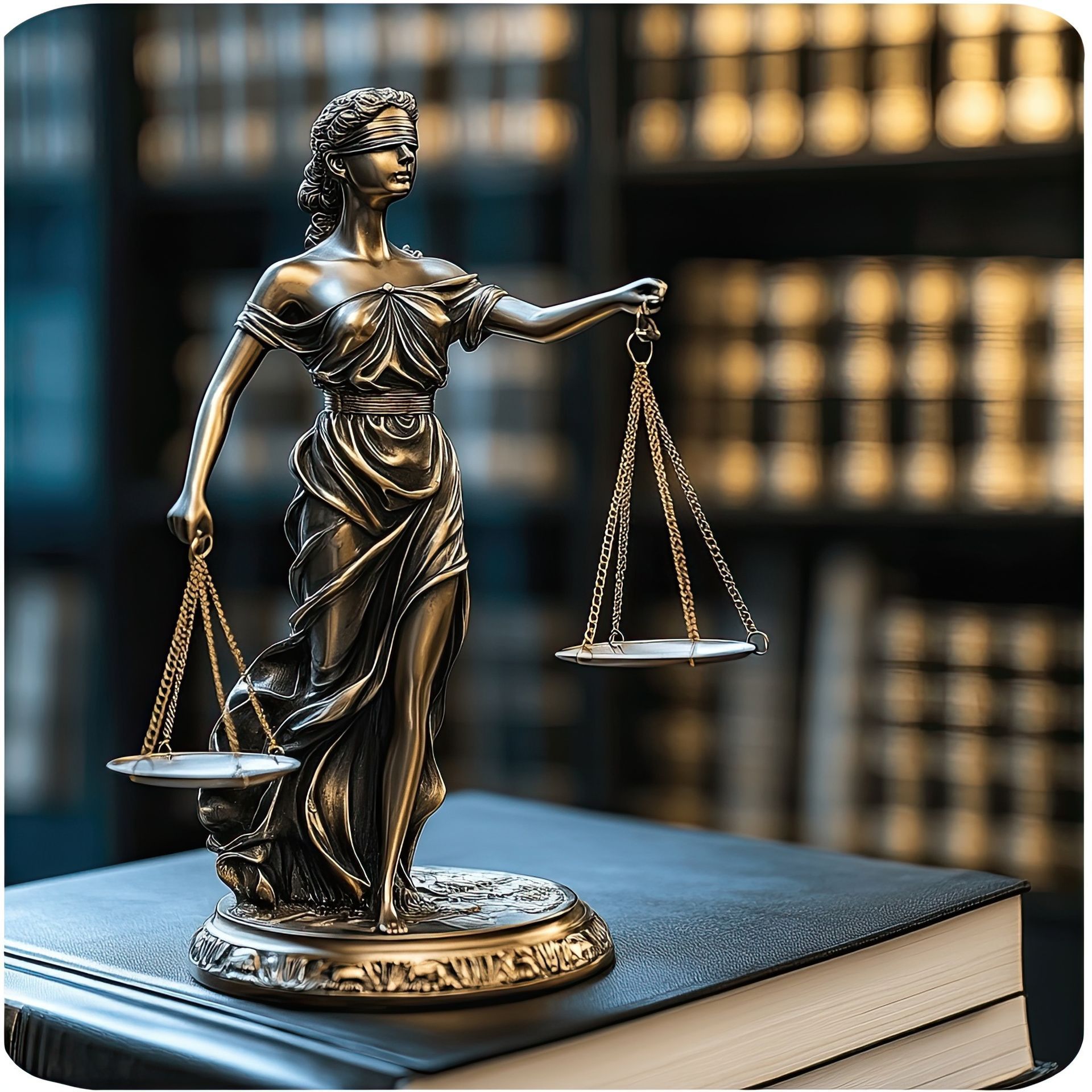 Statue of Lady Justice with scales, on a book. Bookshelves in the background.