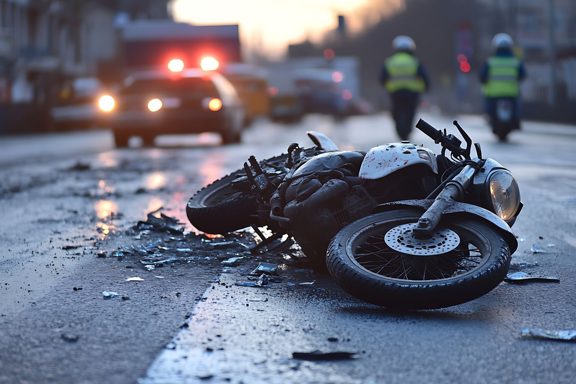 Motorcycle lying on road after an accident; police car and officers in the background.