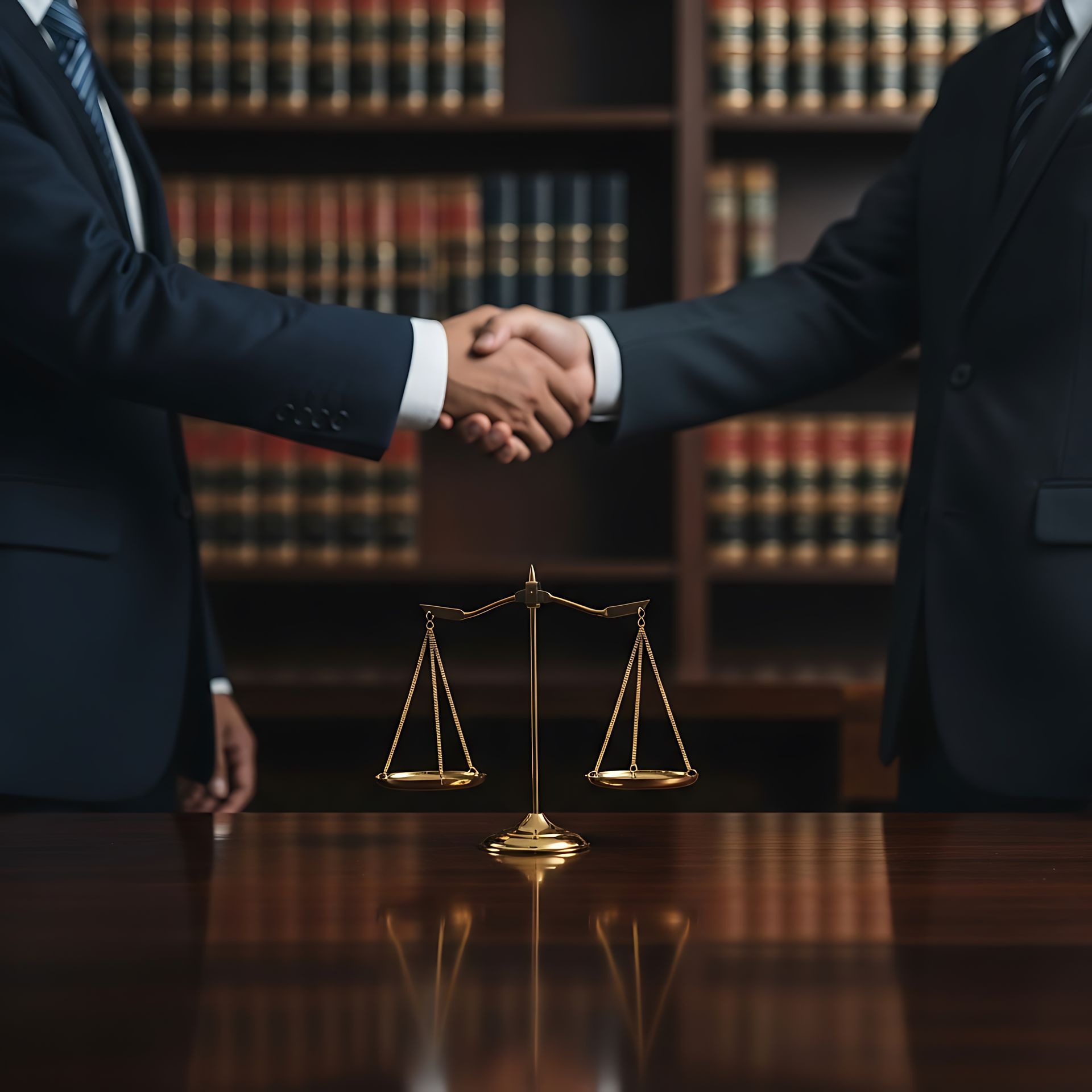Two people in suits shake hands over a justice scale on a wooden table, in front of a bookcase.