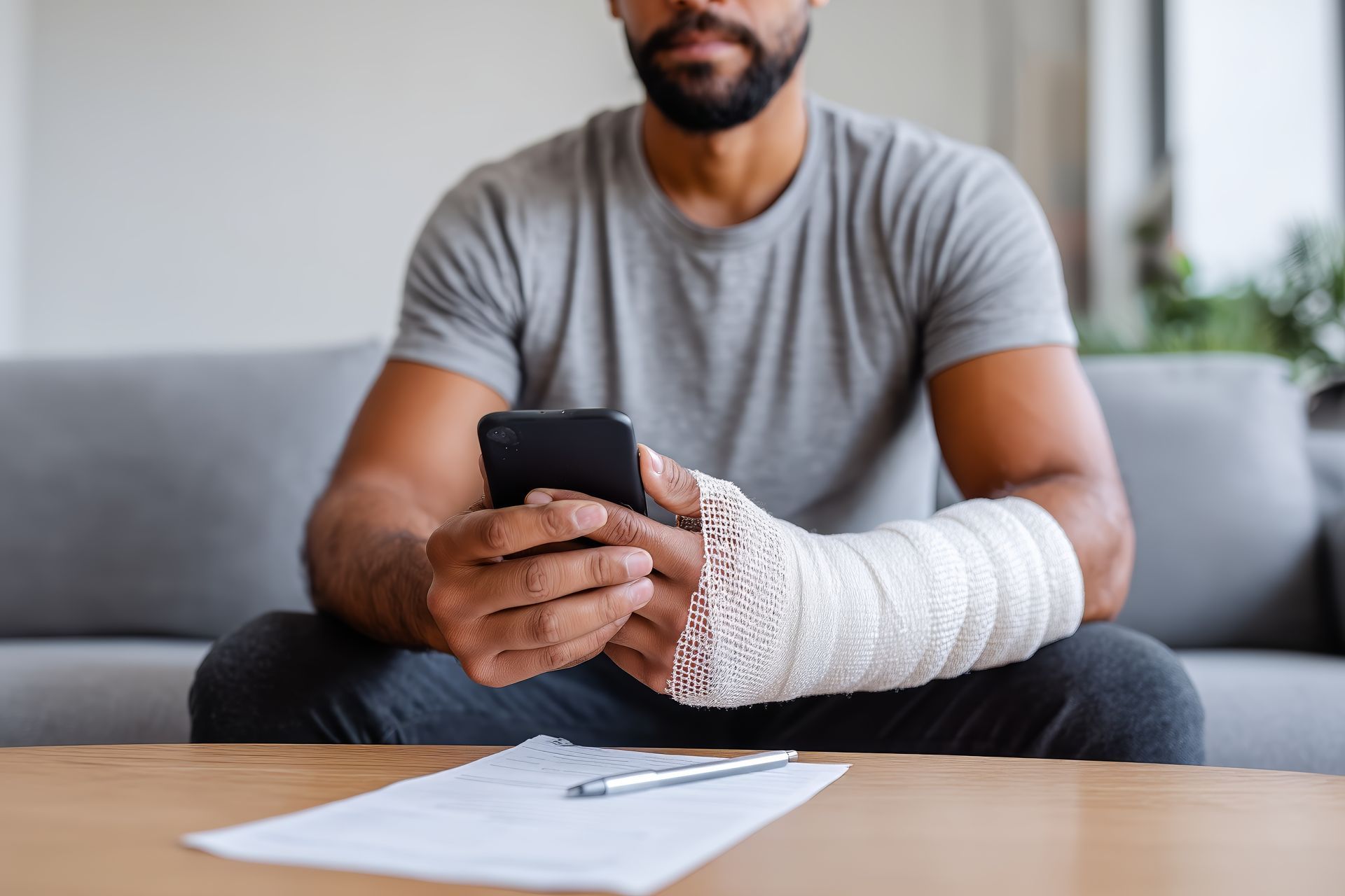 Man with arm in cast holding phone, sitting at table with paperwork.