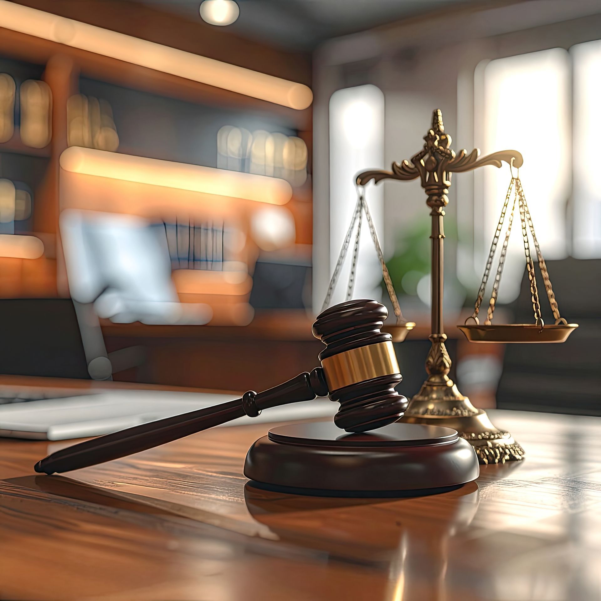 Gavel and scales of justice on a wooden desk in an office setting.