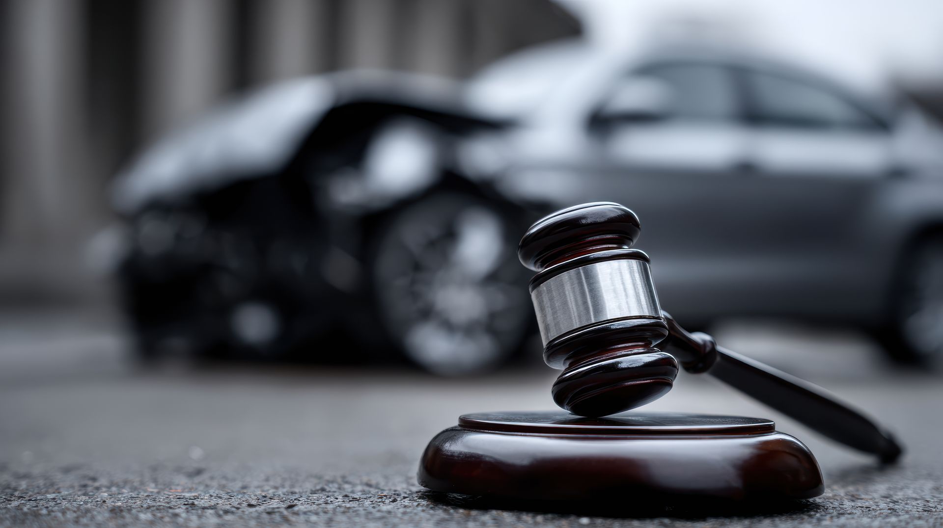 Gavel on a stand in front of damaged cars, implying legal action after a car accident.