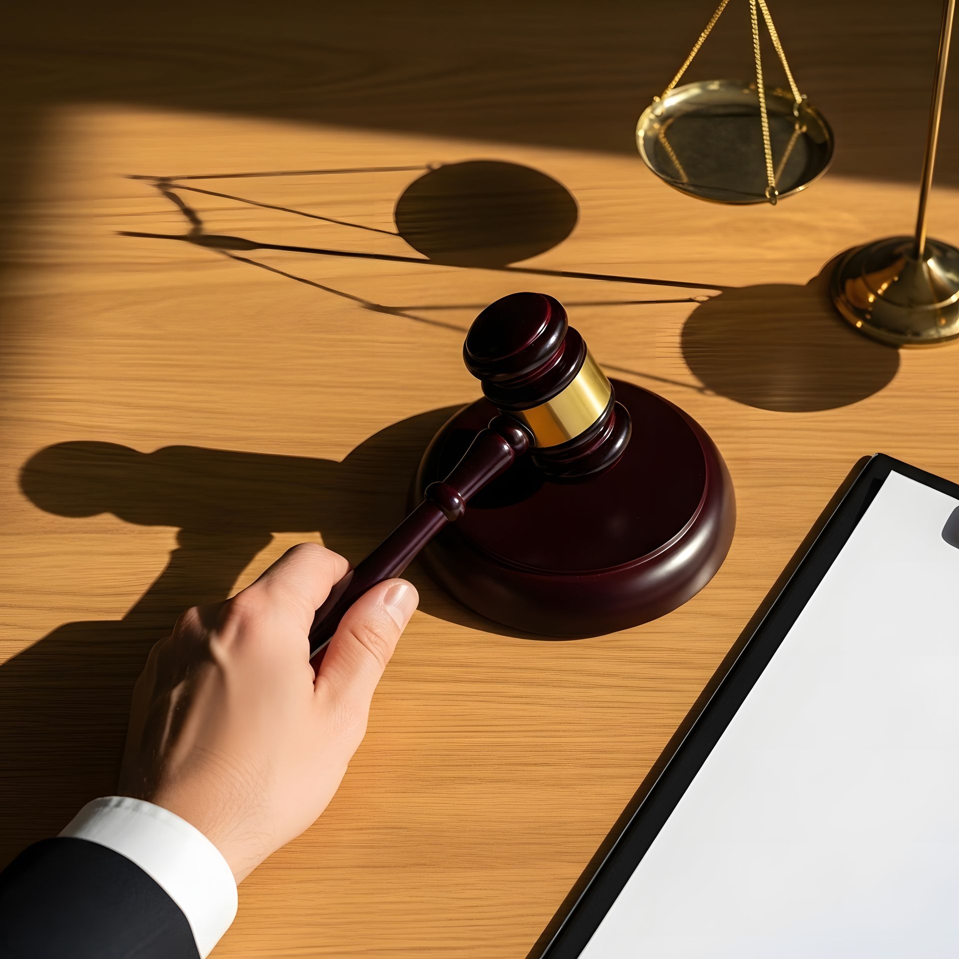 Hand holding gavel on wooden table next to scales of justice and blank document.