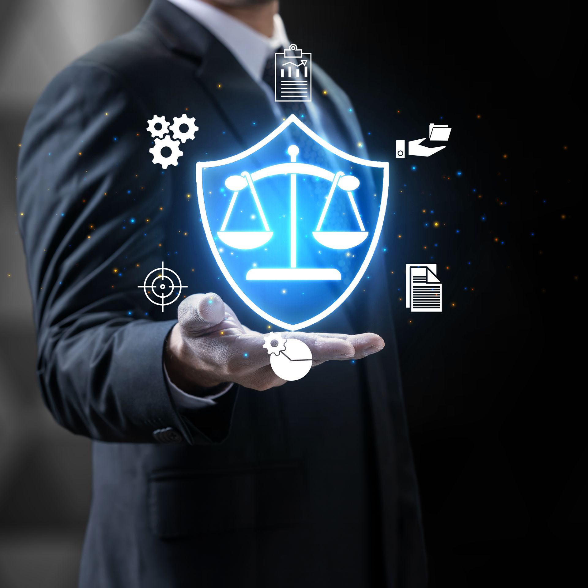 Man in suit holding a glowing shield with scales of justice, surrounded by icons.
