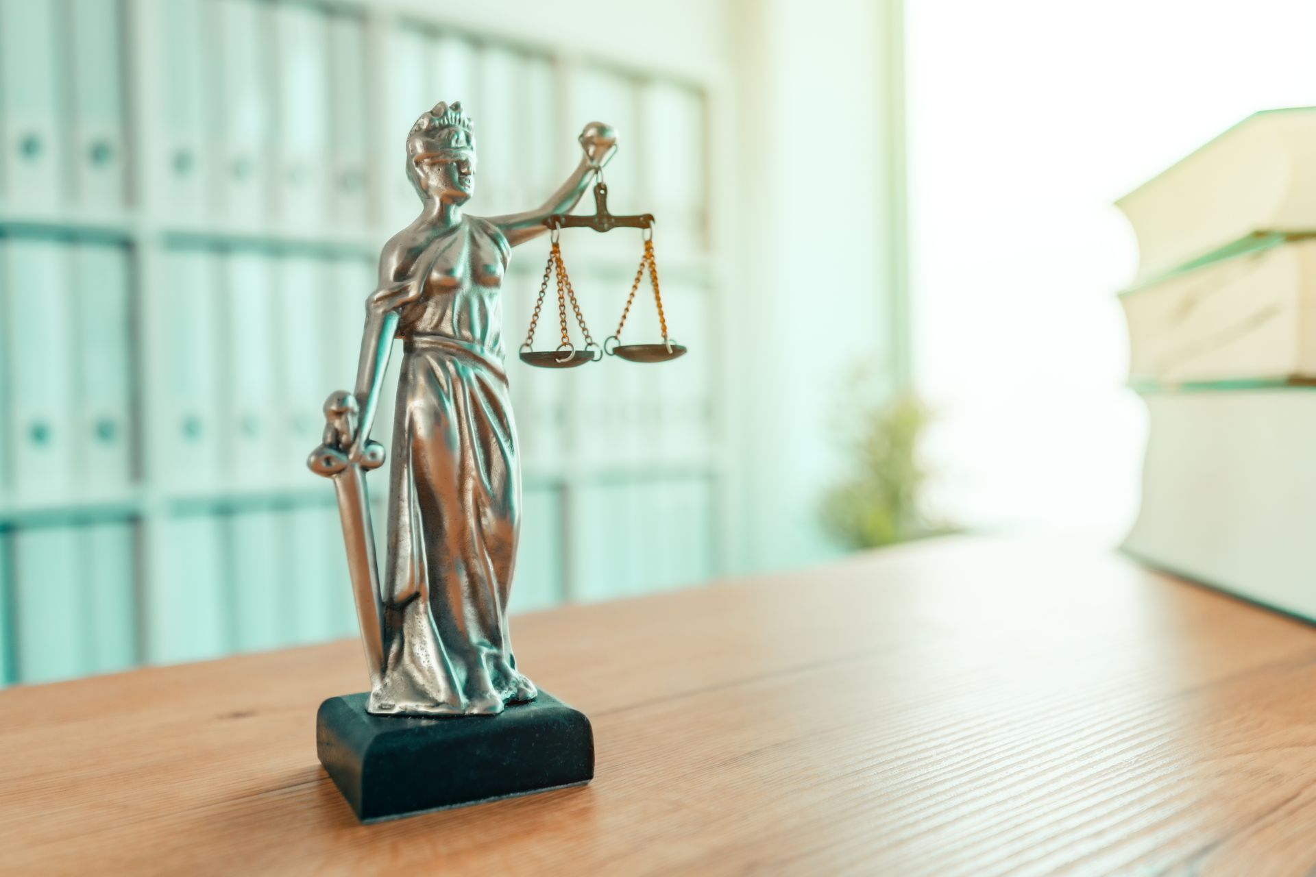 Statue of Lady Justice with scales and sword on a desk in an office setting.