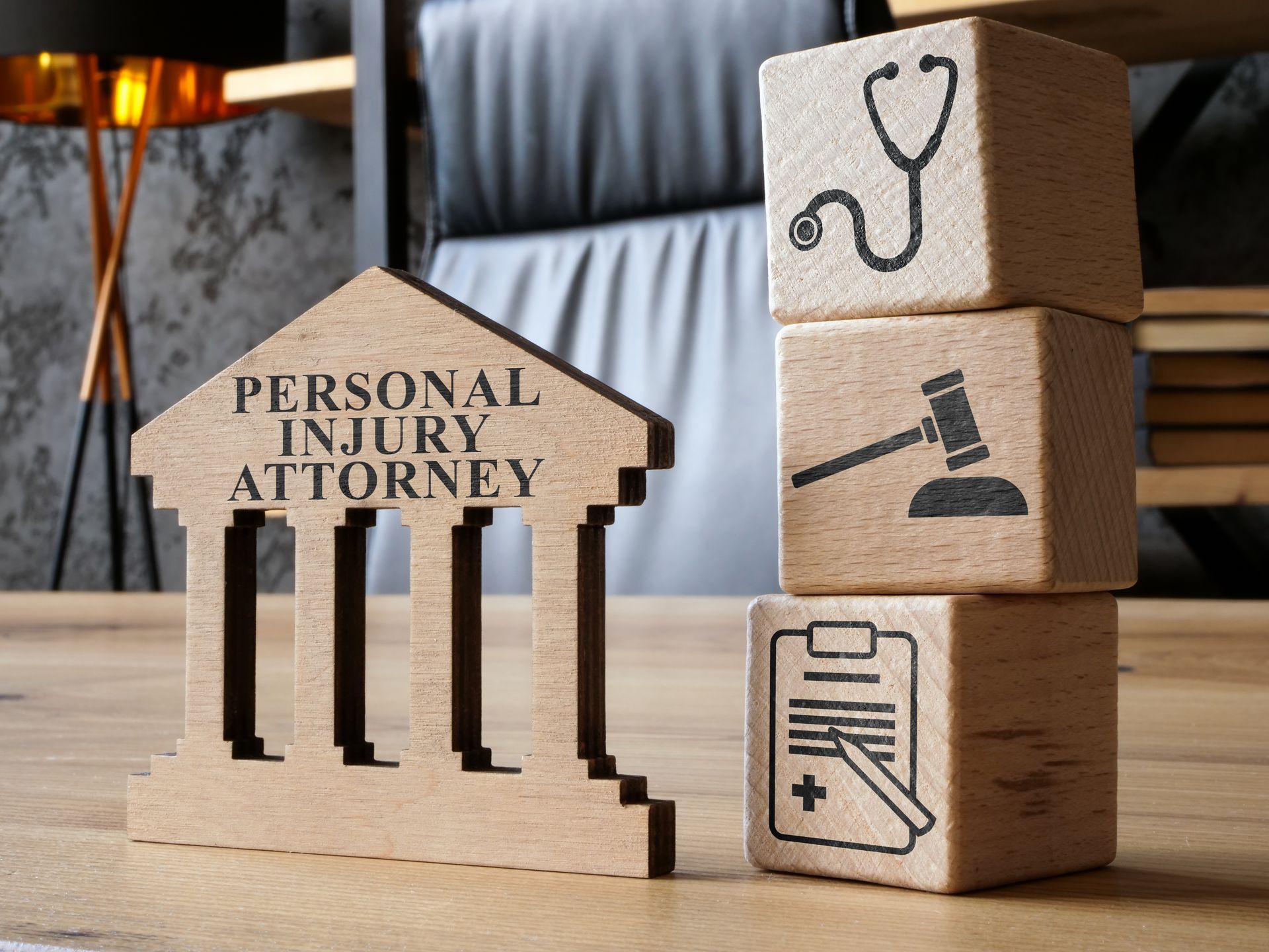 Wooden blocks depicting a personal injury attorney with a gavel, medical forms, and stethoscope stacked beside a model of a building.