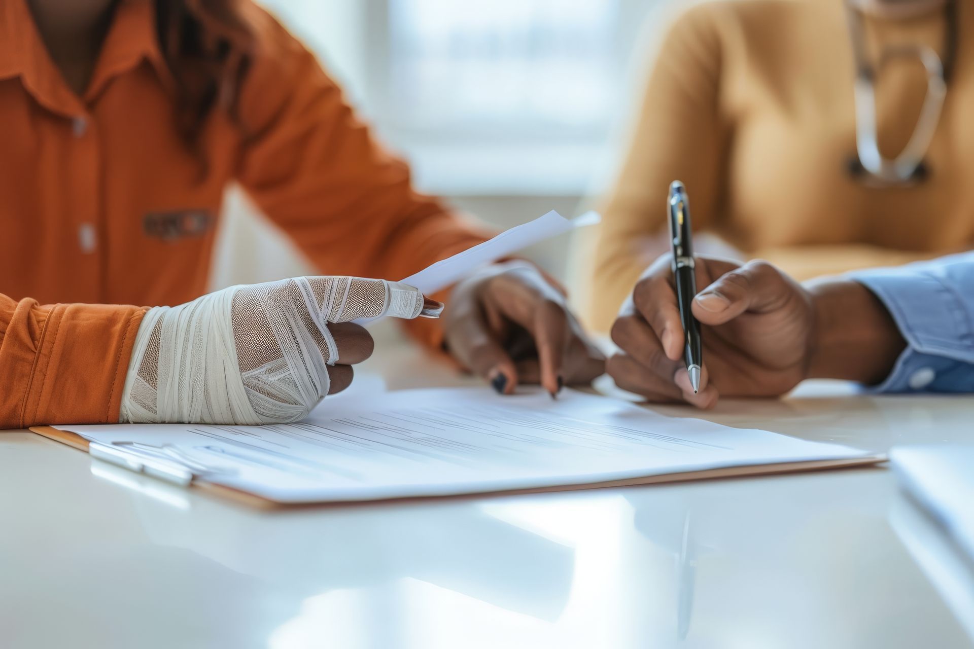 Person with bandaged hand signing a document with another person. A third person is in the background.