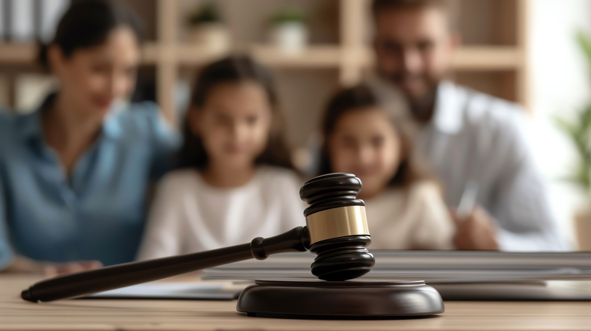 Wooden gavel on desk with blurred family in background.
