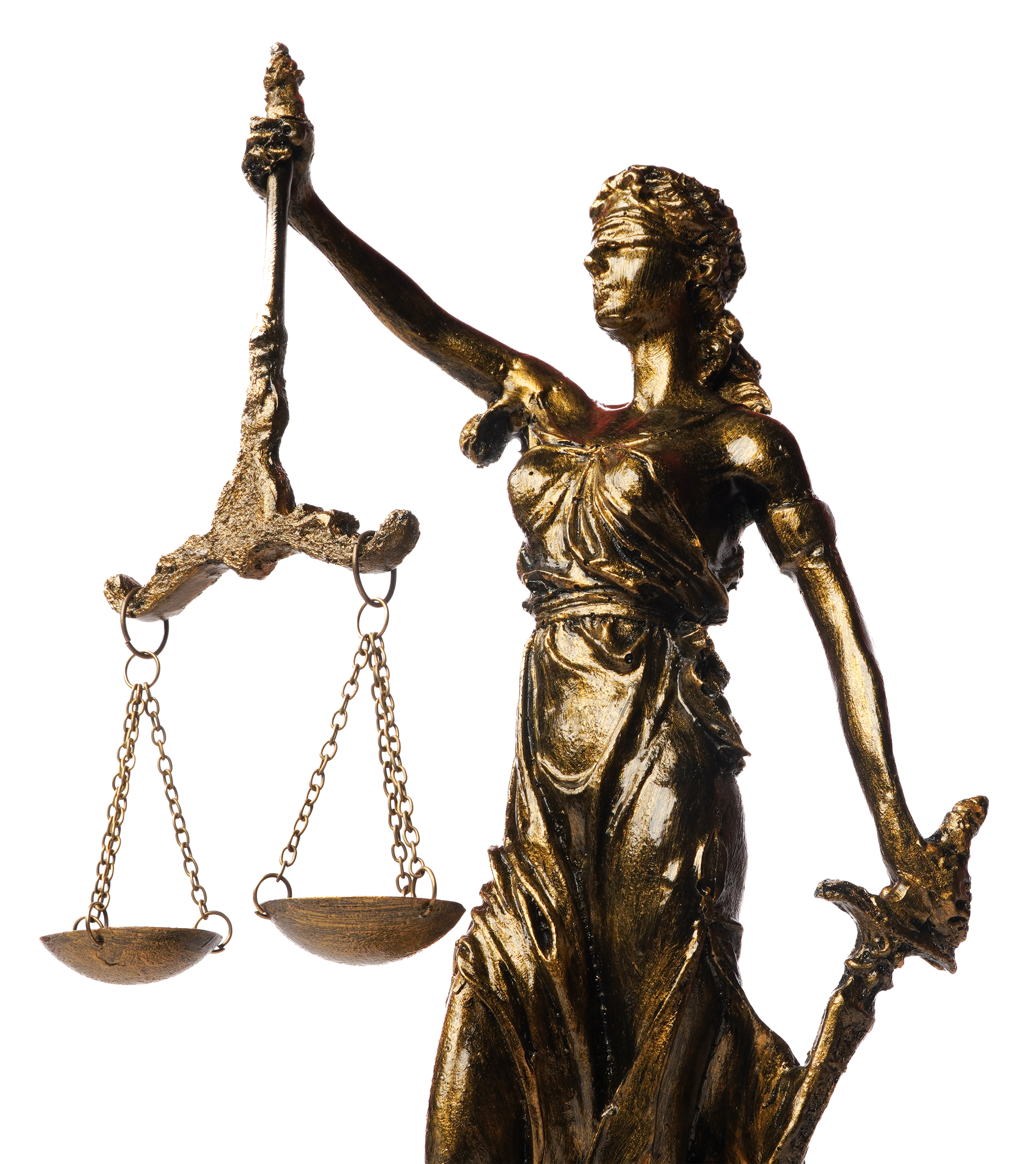 Statue of Lady Justice holding scales and a sword, wearing a blindfold.
