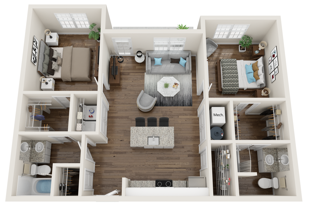 2 Bed 2 Bath Floor Plan with Carpet and Wood Flooring