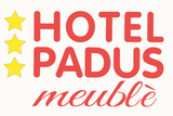 Logo dell'Hotel Padus meublé con testo rosso e tre stelle gialle su sfondo bianco.
