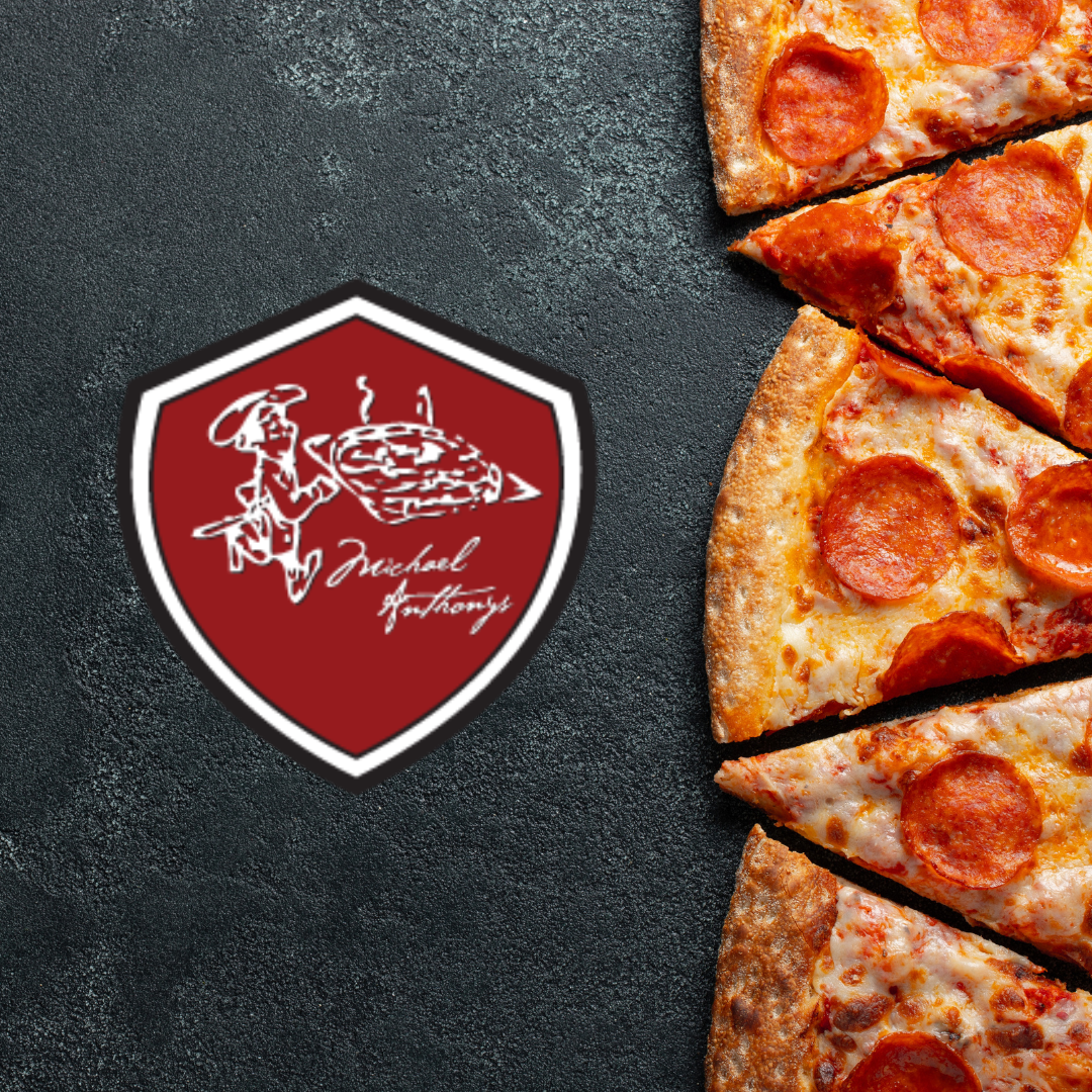 A pepperoni pizza with a shield on top of it