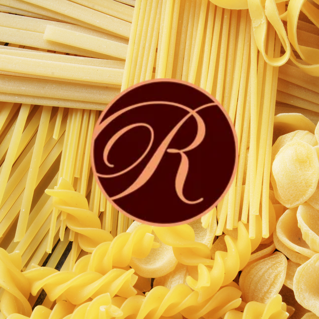 A bunch of pasta with the letter r in the middle
