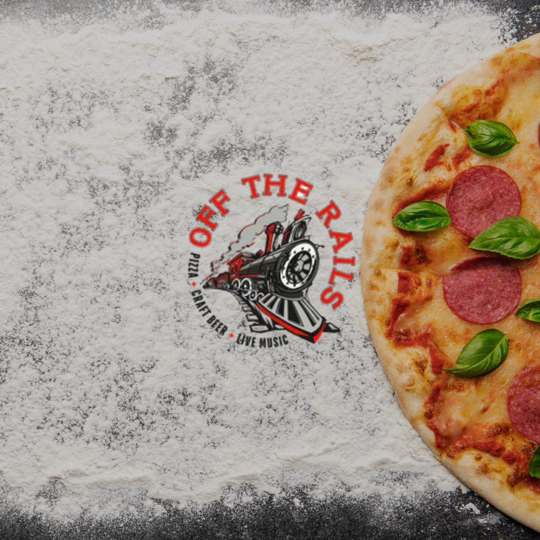 A pizza next to a logo that says off the rails