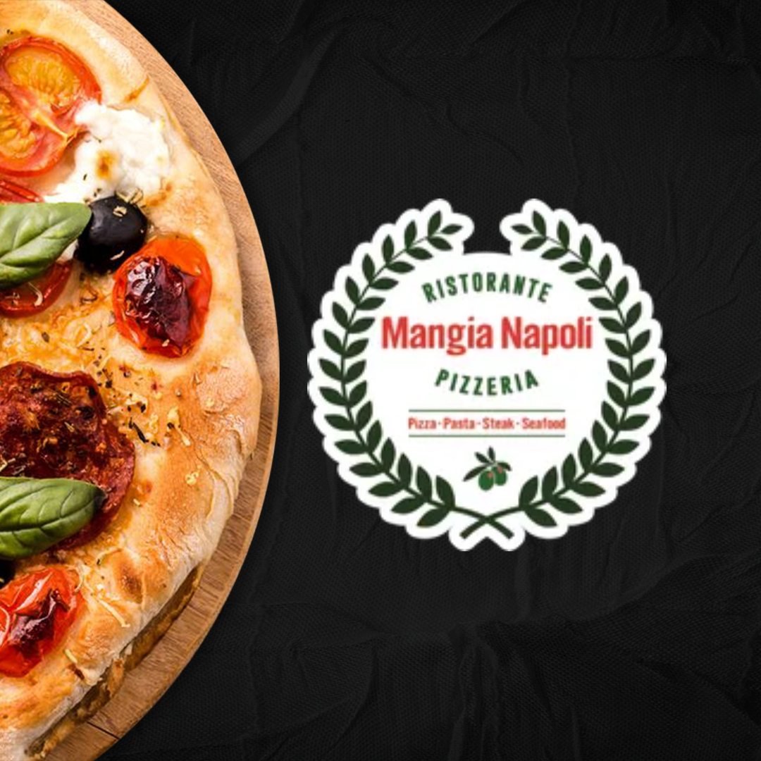 A pizza next to a logo for mangia napoli pizzeria