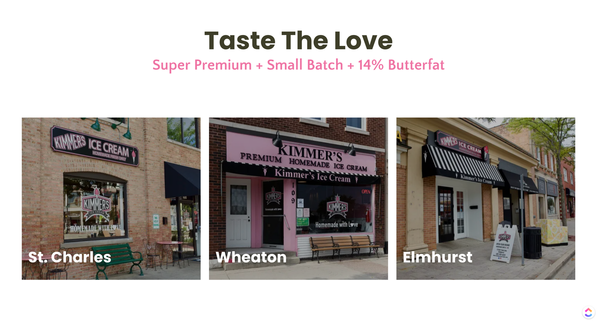 A collage of three pictures of ice cream shops called taste the love.