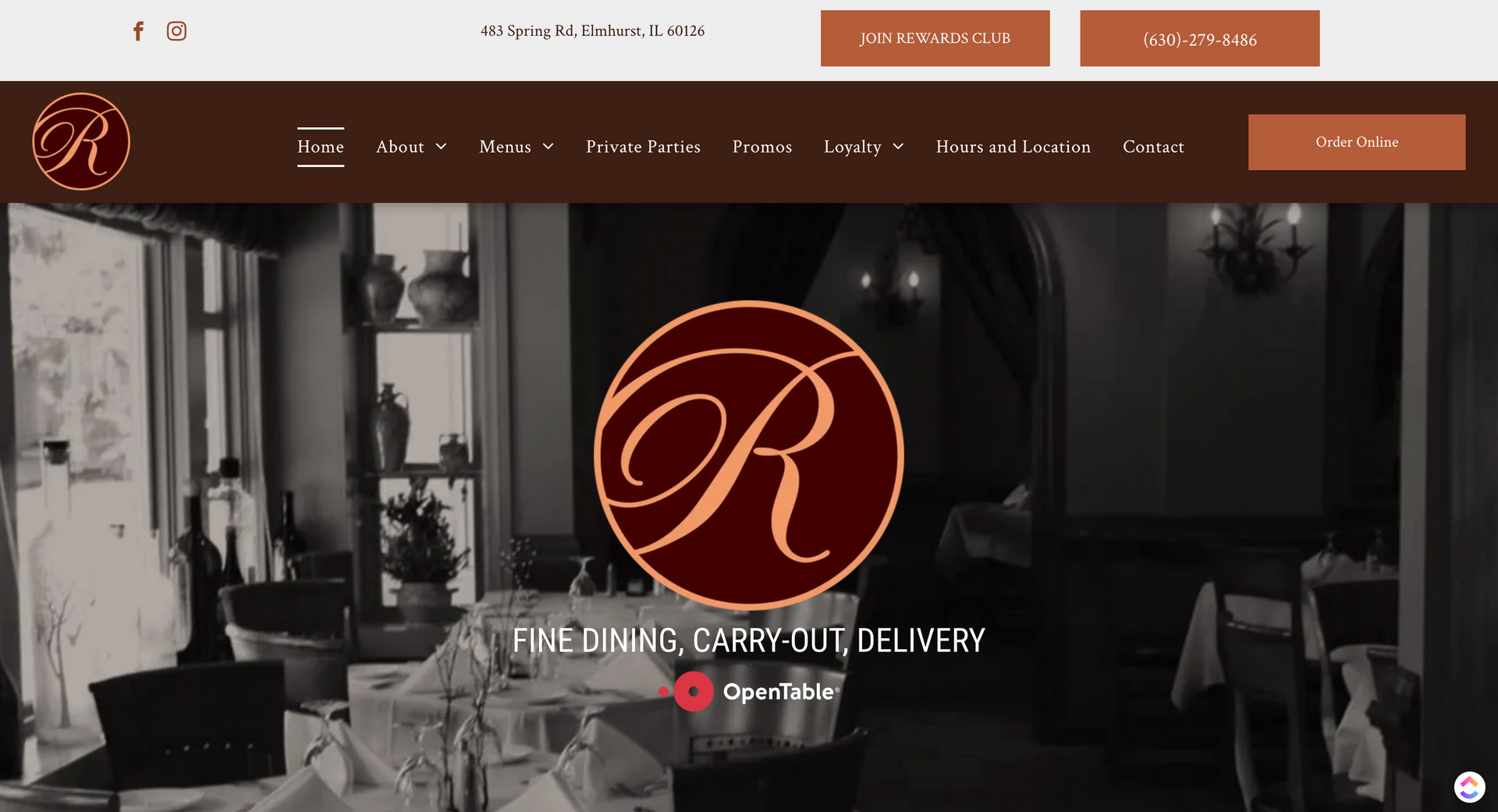 A black and white photo of a restaurant with the letter r in a circle.