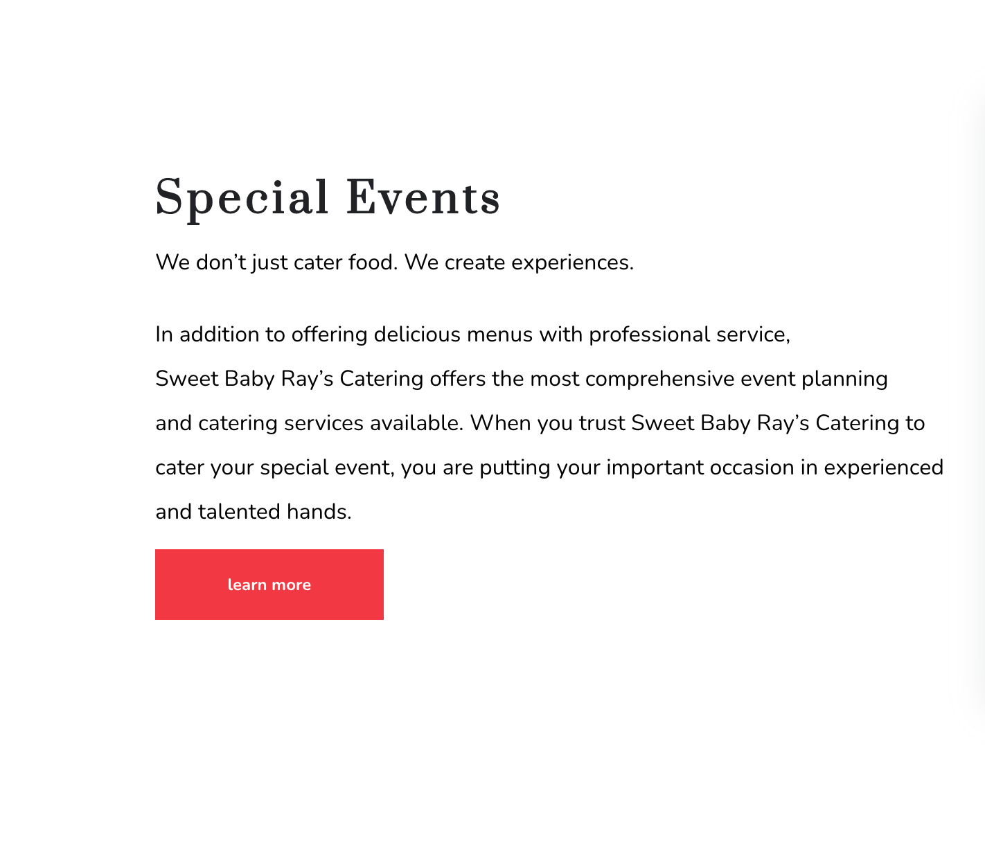 A screenshot of a website advertising special events.