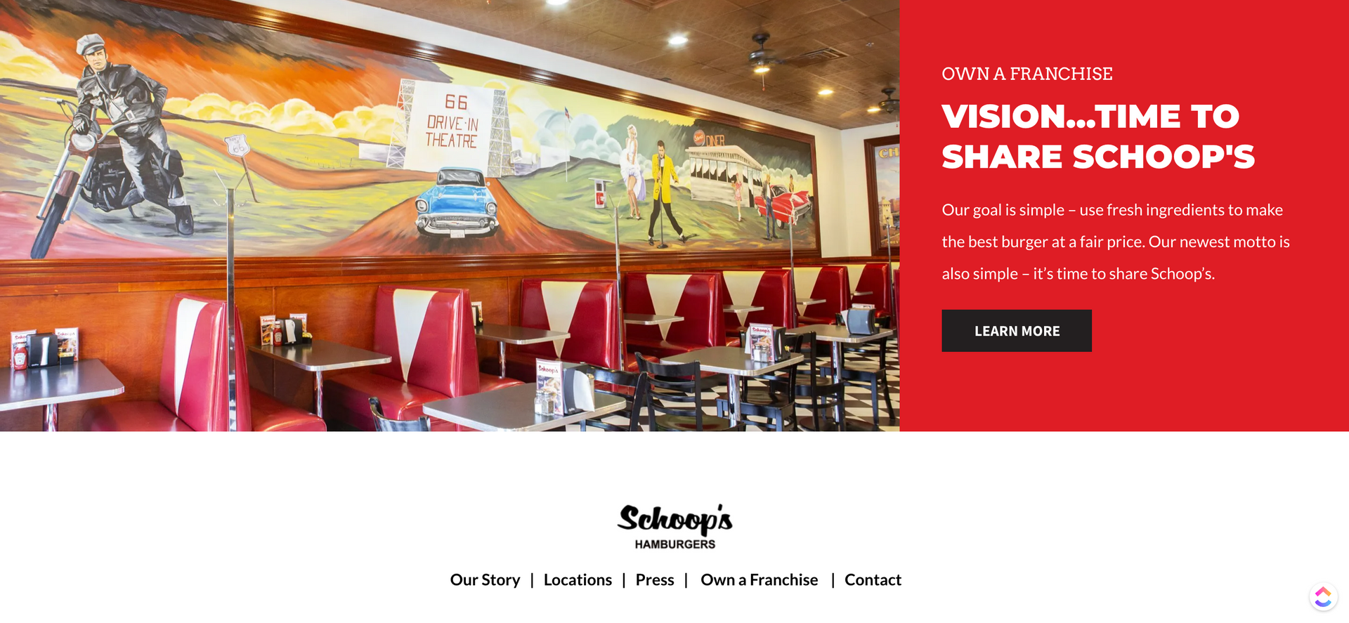 A picture of a diner with a mural on the wall.