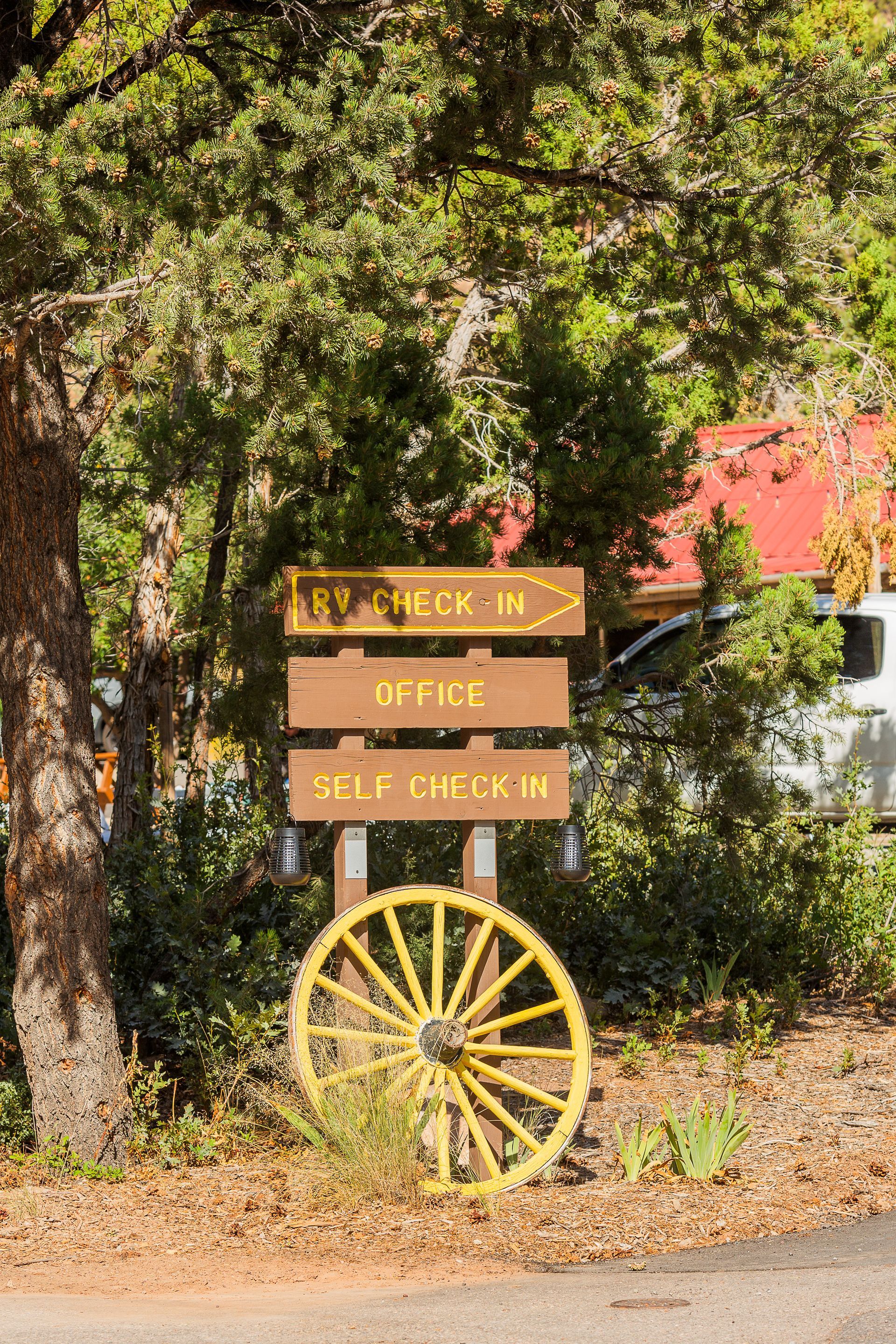 A wooden sign with a yellow wagon wheel in front of a tree.