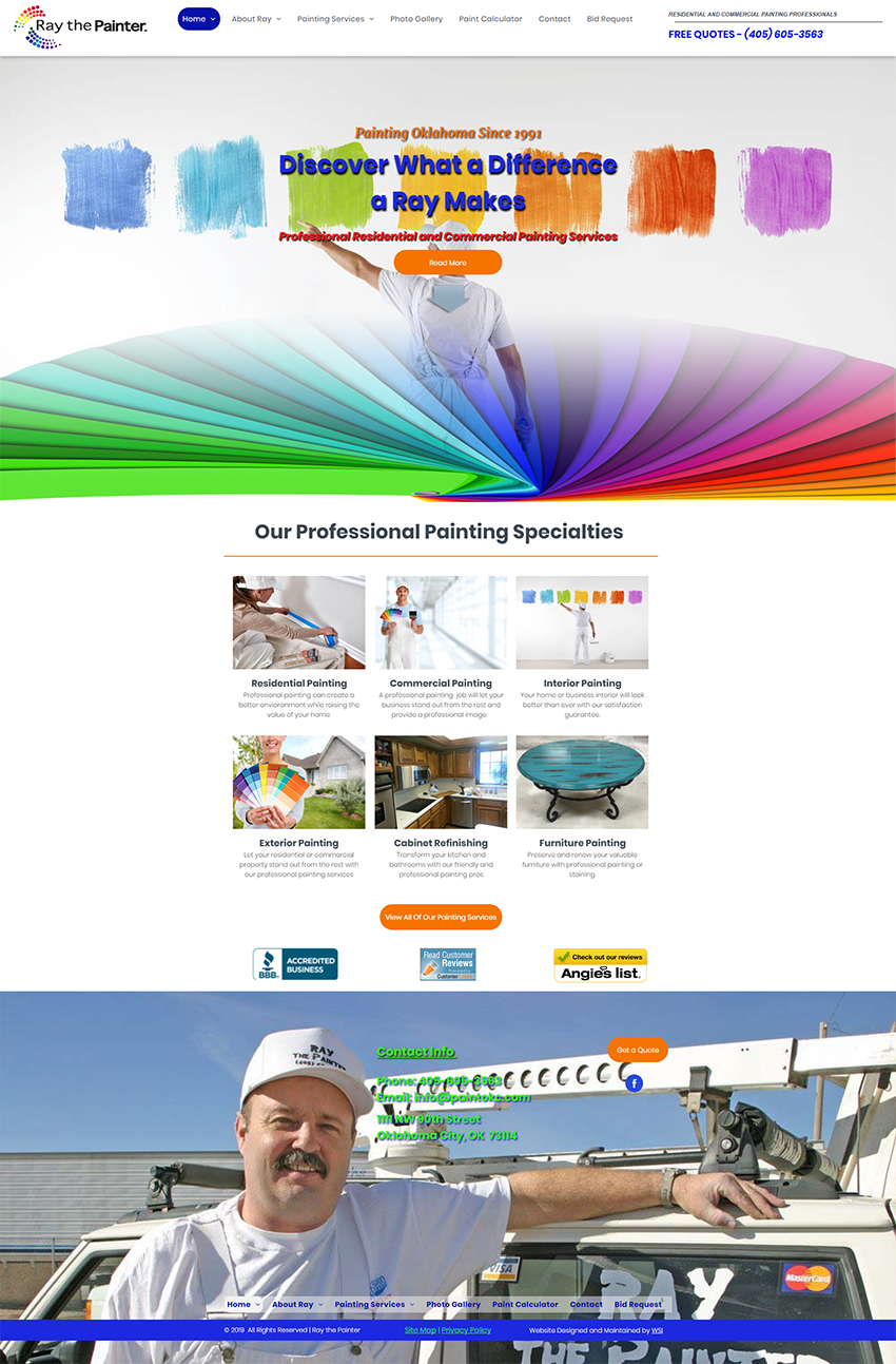 A painting company website shows a man painting a wall