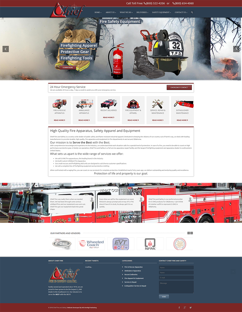 A website for a fire truck company shows a fire truck and a fire extinguisher