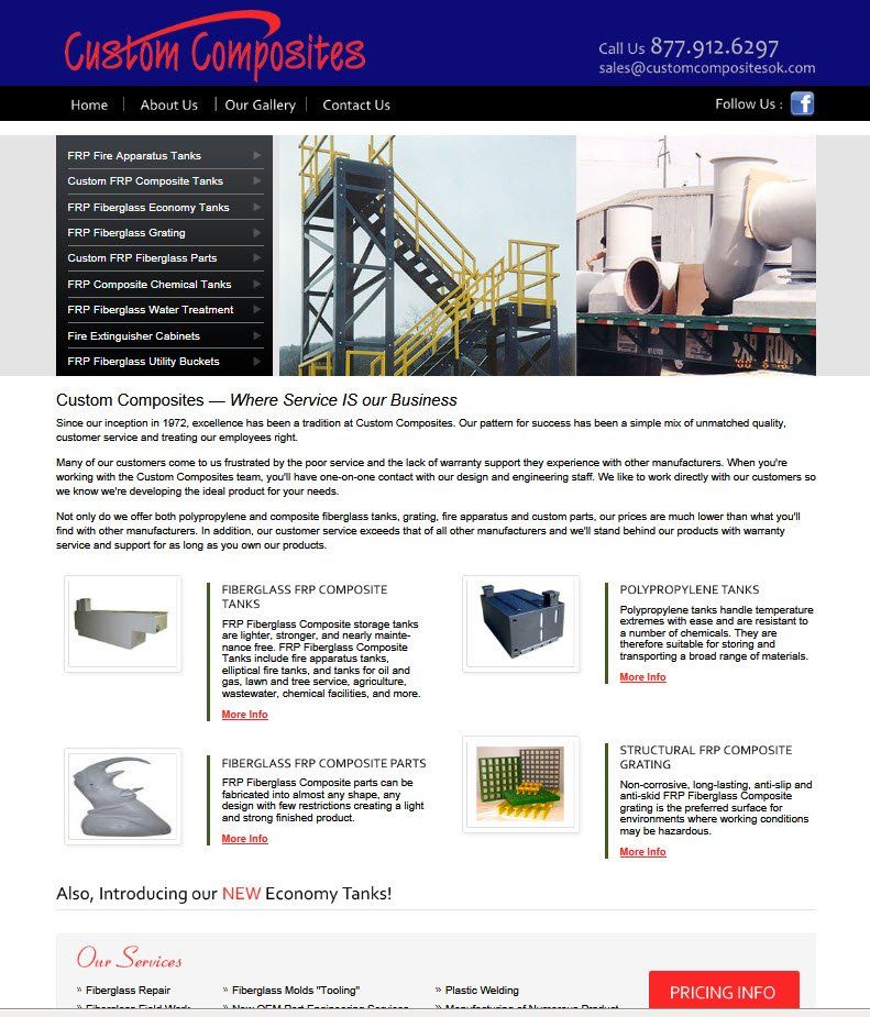 A website for custom composites shows a staircase and a truck