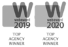 A black and white logo for a top agency winner in 2019 and 2020.