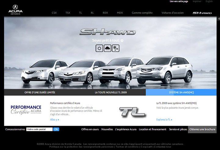 A website for acura shows a variety of cars