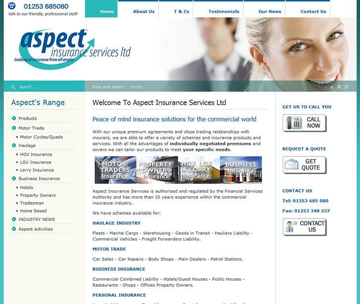 A web page for aspect insurance services ltd