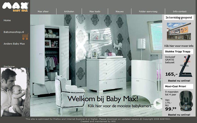 A baby max website shows a man holding a baby