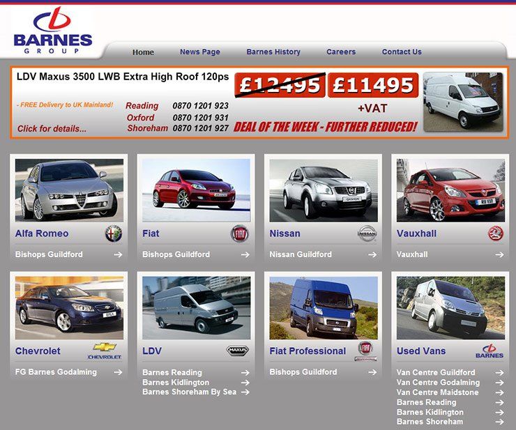 A barnes group website displays various cars and vans