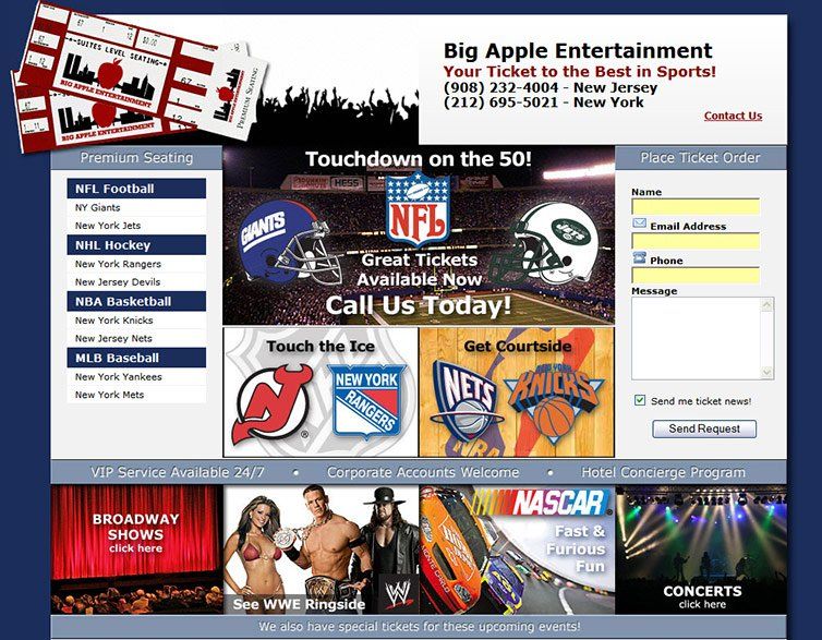 A website for big apple entertainment is displayed