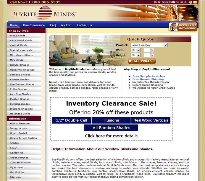 A website for buyrite blinds has an inventory clearance sale