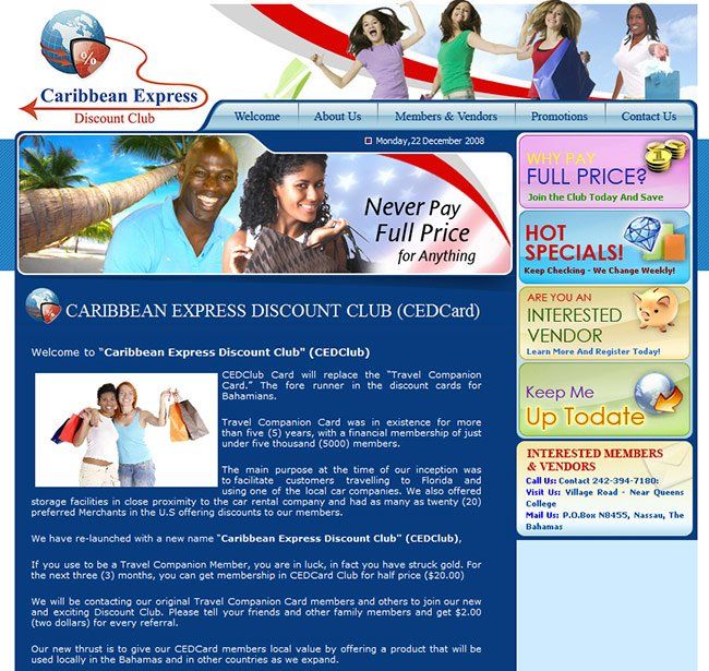 A caribbean express website shows a man and woman holding shopping bags