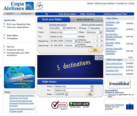 A web page for copa airlines shows 5 destinations