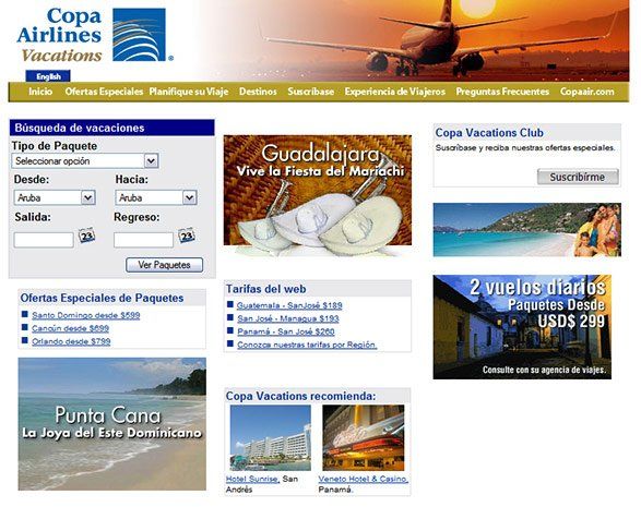 A web page for copa airlines vacations with a plane in the background