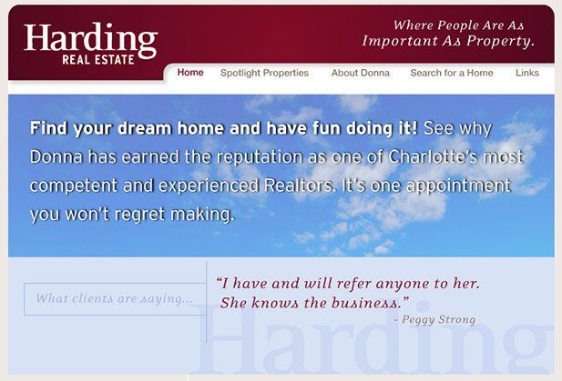 A harding real estate website shows a blue sky with clouds