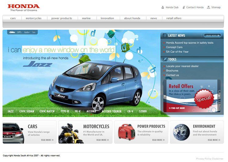 A honda website shows a blue car on the homepage